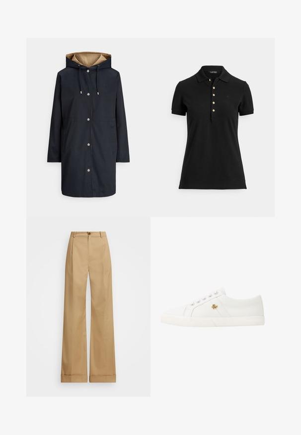 Granatowy płaszcz przeciwdeszczowy z kapturem, zatrzaskami, dwoma kieszeniami oraz kontrastującą beżową podszewką. Posiada ściągacze i subtelne logo na piersi.; Czarna koszulka polo wykonana z teksturowanej tkaniny, z kołnierzykiem, krótkimi rękawami oraz plisą zapinaną na złote guziki. Subtelne logo na wysokości piersi.; Beżowe spodnie o szerokich nogawkach z zapięciem na guzik, charakteryzujące się gładką teksturą i wyprasowanymi fałdami. Dodatkowo z mankietami dla lepszego wykończenia.; Lauren Ralph Lauren JANSON II CANVAS SNEAKER biały