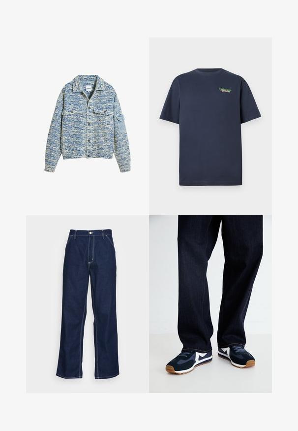 Plava i bijela mramorirana jakna s prednjim gumbom, dva džepa na prsima i jednim bočnim džepom. Debeli, teksturirani materijal s ovratnikom.; Tamno plavi pamučni T-shirt kratkih rukava s izvezenim natpisom "London Fields Superstore" u zelenoj i crvenoj boji na gornjem lijevom dijelu prsnog koša.; Tamno plave traperice širokih nogavica s visokim strukom, prednjim džepovima i kontrastnim bijelim šavovima.; Morske i bijele sportske cipele s teksturiranim gornjim dijelom, vezicama i gumenenim potplatom, uparen s tamnim trapericama s narančastim šavovima.