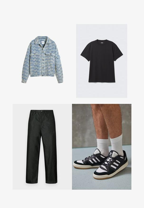 Mėlynos ir baltos mélangé spalvos striukė su užsegimu mygtukais, dviem krūtinės kišenėmis ir šonine kišene. Storis, tekstūruotas audinys su apykakle.; Juoda trumpa rankovė mis medvilnės marškinėlių. Savybės: apvali iškirptė ir laisvas siluetas. Paprastas dizainas, be raštų ar akcentų.; Juodos kelnės su švelniu blizgesiu, tiesaus silueto, su dviem priekinėmis kišenėmis ir diskretišku logotipu viršutiniame kairiajame krašte.; Juodos ir baltos sportinės bateliai su zomšiniu ir odiniu viršumi, su trimis baltomis juostelėmis, perforuota koja ir guminėmis padais.