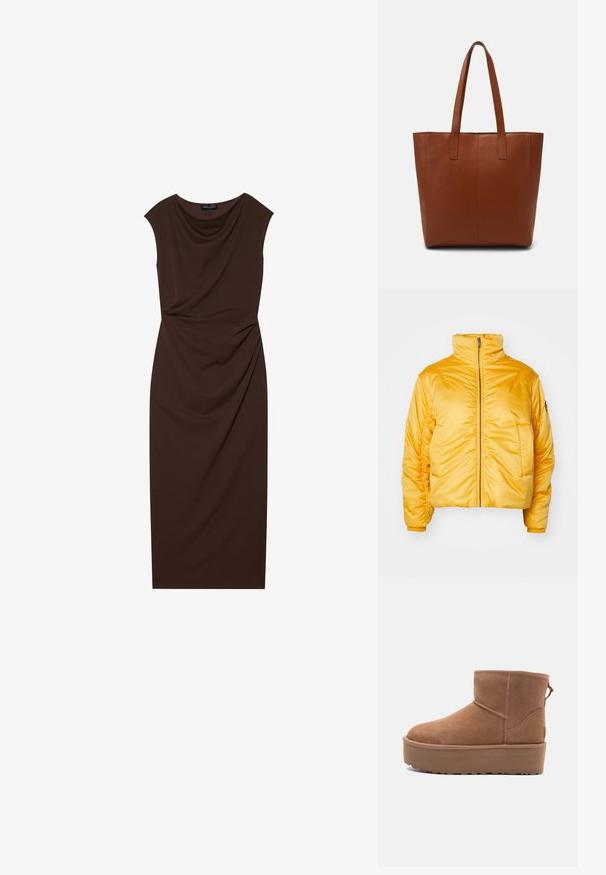 Gul pufferjacka med hög krage, framdragkedja och samlade ärmar. Släta, blanka ytor med en kortad passform. Inga synliga logotyper.; Brun knälång klänning gjort av smidigt tyg, med en draperad ringning, korta ärmar och samlad detalj på ena sidan.; Tan mockasköna med plattformssula, rund tå och broderade detaljer; har en dragflik baktill för enkel påtagning.; Brun läder tote väska med en mjuk textur, vertikal sömdetaljering och två plana handtag. Öppen toppdesign, rymligt inre.