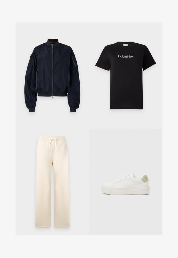 Giubbotto bomber navy con zip frontale, polsini e orlo a coste. Presenta diverse tasche con zip e dettagli arricciati sulle maniche. Texture liscia.; T-shirt di cotone nero con maniche corte, con logo bianco "Calvin Klein" stampato sul petto. Design classico con scollatura rotonda.; Pantaloni della tuta color crema realizzati in tessuto morbido, con cintura elastica e cordoncino, gambe larghe e senza motivi visibili.; Sneaker bianco con tomaia in pelle liscia, accentuazione in suede grigio chiaro sul tallone e suola in gomma bianca spessa. Presenta un design con lacci.