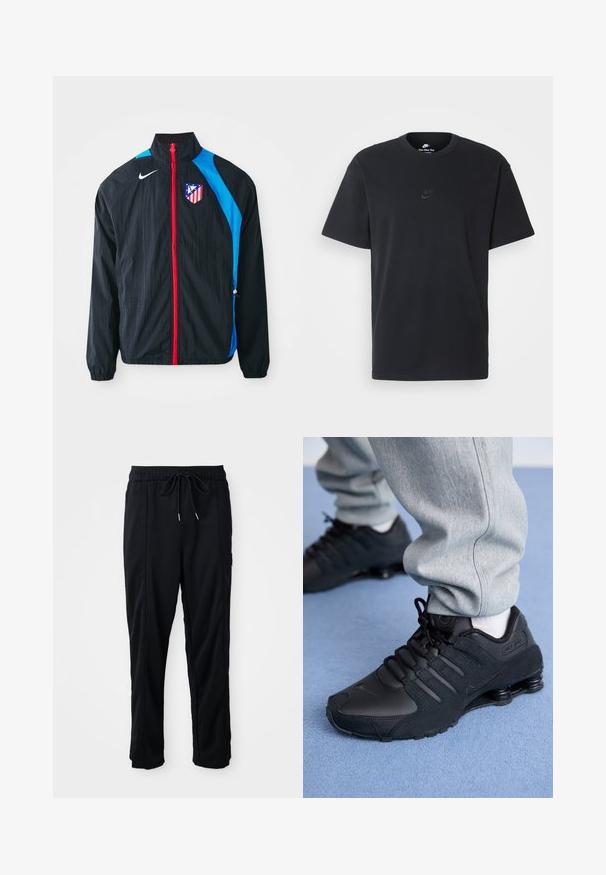 Schwarze Windjacke mit blauen Akzenten, rotem Reißverschluss und Atlético Madrid-Logo. Leichtes Material, elastische Bündchen und Bund.; Schwarzes Baumwoll-T-Shirt von Nike mit klassischem Rundhalsausschnitt, kurzen Ärmeln und einem dezenten, geprägten Logo auf der Brust. Glatte Textur.; Schwarze lässige Hosen mit Kordelzug und seitlichen Eingrifftaschen sowie geradem Bein auf einem einfarbigen Hintergrund.; Person in schwarzen Nike Shox Sneakers und grauen Jogginghosen, der auf einem hellblauen Teppich steht.