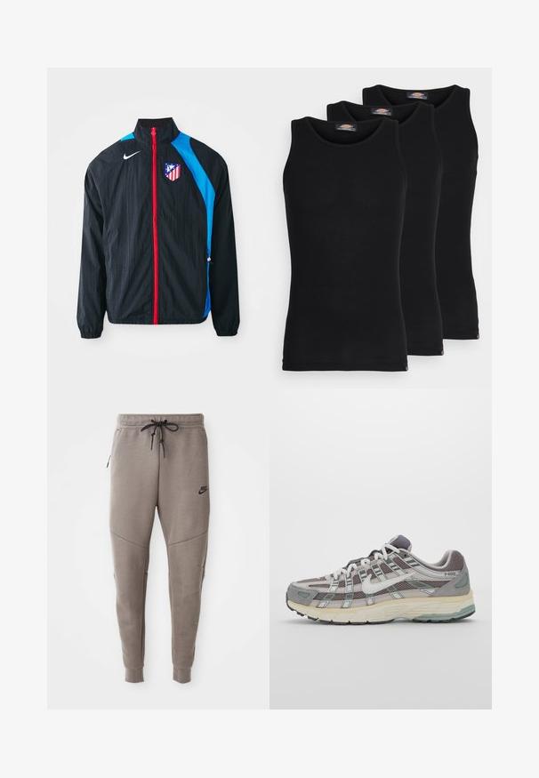 Chaqueta de chubasquero negra con detalles azules, cremallera roja y logo del Atlético de Madrid. Material ligero, puños y dobladillo elásticos.; Camisetas sin mangas negras en un pack de tres. Textura acanalada, escote redondo estándar. El dobladillo presenta un pequeño logo de la marca en la parte inferior.; Pantalones de chándal grises de Nike con cintura ajustable, piernas ajustadas, bolsillos laterales y costuras distintivas. Tejido suave y texturizado.; Zapatilla deportiva gris con parte superior de malla y ante, acentos blancos, suela acolchada y un diseño distintivo con elementos reflectantes.