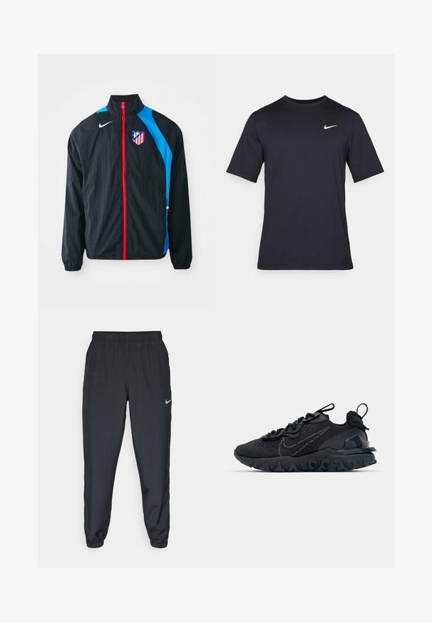 Schwarze Windjacke mit blauen Akzenten, rotem Reißverschluss und Atlético Madrid-Logo. Leichtes Material, elastische Bündchen und Bund.; Schwarzes, kurzärmliges Nike-T-Shirt aus glattem Material, mit einem weißen Swoosh-Logo auf der oberen linken Seite und Rundhalsausschnitt.; Schwarze Trainingshose aus einem leichten Stoff mit elastischem Bund, Knöchelabschlüssen und einem dezenten Nike-Logo auf der linken Seite.; Schwarzer Sportschuh mit atmungsaktivem Mesh-Obermaterial, strukturierten Akzenten und einer wellenförmigen Gummisohle. Verfügt über ein reflektierendes Logo und ein Schnürsystem.