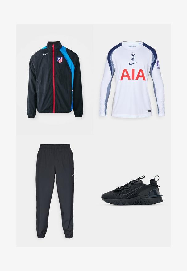 Black windbreaker jacket with blue accents, red zipper, and Atlético Madrid logo. Lightweight material, elastic cuffs, and hem.; White long-sleeve football jersey with navy blue accents, featuring the Tottenham Hotspur logo and "AIA" in red across the front.; Black track pants made from lightweight fabric with an elastic waistband, ankle cuffs, and a discreet Nike logo on the left side.; Black athletic shoe with a breathable mesh upper, textured accents, and a wavy rubber sole. Features reflective logo and lacing system.