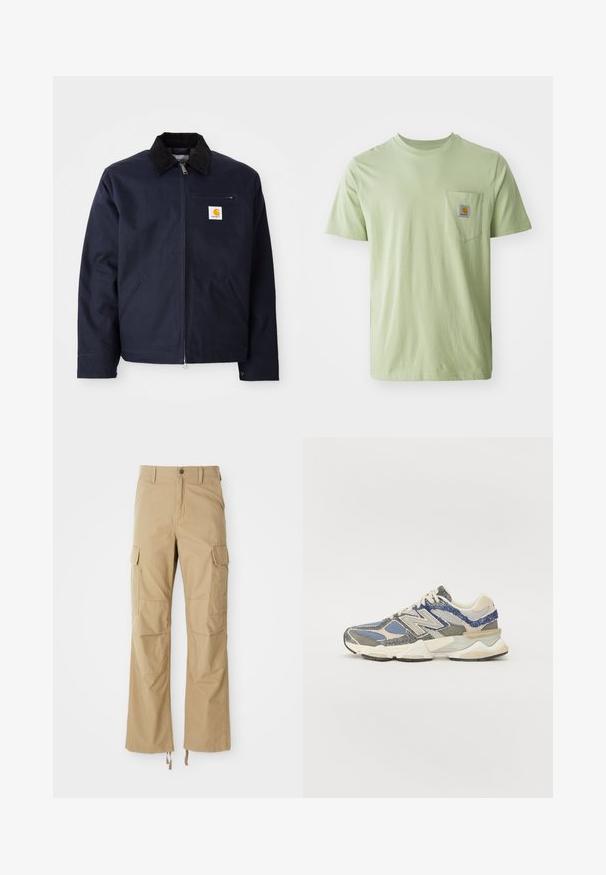 Marineblå jacka i canvas med en svart corduroy-krage, dragkedjeslutning, framficka och logotypbricka på vänster bröst.; Ljusgrön t-shirt med kort ärm i mjukt tyg, med en bröstficka som har ett fyrkantigt logomärke. Enkel, odekorerad design.; Khaki cargobyxor gjorda av slitstarkt tyg, med flera sidofickor, rak bendesign och justerbara dragsnoddar vid nederkanten.; Grå och blå sneakers med en texturerad ovandel, som har nät- och syntetmaterial, en kraftig sula och vita och beige detaljer.