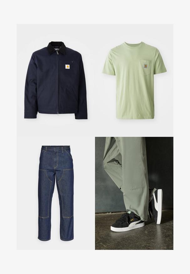 Mornarsko modra jakna iz platna s črnim kordinom na ovratniku, zadrgo, sprednjim žepom in logotipom na levi prsni strani.; Svetlo zelena majica s kratkimi rokavi iz mehkega blaga, opremljena z žepom na prsih s kvadratno oznako. Enostavna, neokrašena zasnova.; Temno modri kavbojke z visokim pasom, ravnim krojem, kontrastnim šivom in žepekami na sprednji strani.; Črne semšaste športne copate z belimi gumijastimi podplati in stranskimi črtami, v kombinaciji s svetlo zelenimi cargo hlačami, ki stojijo na teksturirani temni površini.