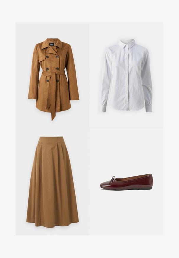 Brauner, Wildleder-Trenchcoat mit Doppelreihe-Knöpfen, Eingrifftaschen, einem gefalteten Kragen und einem Gürtel in der Taille. Weiche Textur, lange Ärmel.; Weißes Hemd mit Knöpfen, aus glattem Baumwollstoff, mit klassischem Kragen, langen Ärmeln und abgerundetem Saum. Die Knöpfe sind klein und weiß.; Brauner Baumwoll-A-Linien-Rock mit hoher Taille, der vorne Falten aufweist und eine glatte Textur hat. Der Saum ist sauber und einfach verarbeitet.; Burgunderfarbenes, lackiertes Ballettschuh mit abgerundetem Zehenbereich, kleiner Schleifenakzent vorne und einer niedrigen, schwarzen Gummisohle. Glatte Textur.