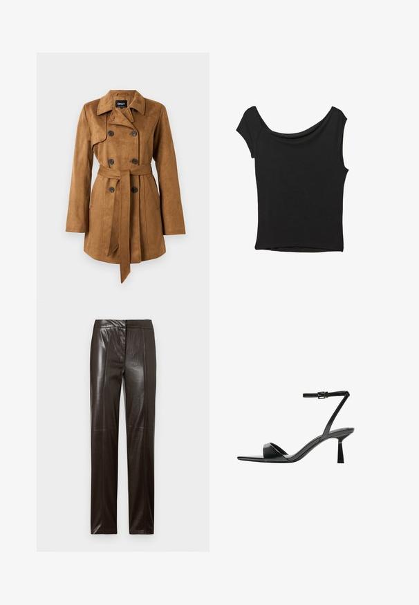 Bruine, suède trenchcoat met dubbelgeknoopte knopen, gekartelde kraag, ceintuur om de taille en zijzakken. Zachte textuur, lange mouwen.; Zwart korte mouwen top gemaakt van een gladde stof; met een gedrapeerde halslijn en een asymmetrische zoom, met een getailleerd lijfje.; Donkerbruine leren broek met rechte pijpen, een gladde afwerking en subtiele naden langs de voorkant.; Bershka Sandalen met hoge hak - black