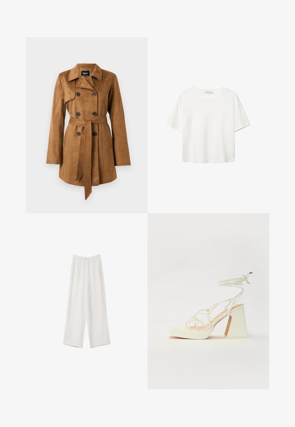 Brauner, Wildleder-Trenchcoat mit Doppelreihe-Knöpfen, Eingrifftaschen, einem gefalteten Kragen und einem Gürtel in der Taille. Weiche Textur, lange Ärmel.; Weißes T-Shirt mit kurzen Ärmeln aus Baumwolle. Hat einen Rundhalsausschnitt und eine lockere Passform. Glatte Textur ohne sichtbare Muster oder Akzente.; Weiße weit geschnittene Hose aus leichtem Stoff. Mit einem elastischen Bund und Kordelzug sowie Seitentaschen. Glatte Textur.; Weiße High-Heel-Sandale mit einem klobigen Absatz, die über ein Riemchendesign und ein Knöchelband verfügt. Glatte Textur mit einer Plattform vorne für zusätzliche Höhe.