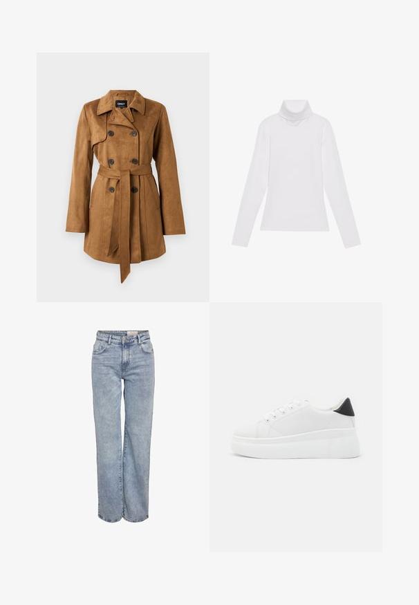 Brun, semsket trenchcoat med dobbelt knepping, utskåret krage, belte i midjen og sidelommer. Myk tekstur, lange ermer.; Hvit langermet høyhalset topp laget av glatt, elastisk stoff. Har høy krage og tettsittende design, uten synlige mønstre eller dekorasjoner.; Lys blå vide jeans laget av denim, med høy midje, fem-lommers design og subtile falminger for et slitt utseende.; Hvite plattform sneakers laget av glatt syntetisk materiale, med rund tå, snøring og en strukturert gummisåle. Svart hæl akcent.