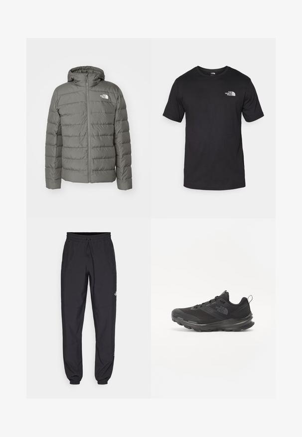 Pilkas pūkinis džemperis su kapišonu, kuris turi užtrauktuką, horizontalią siuvinėjimo struktūrą ir logotipą kairėje krūtinės pusėje.; Juodas trumpas rankovės marškinėliai, pagaminti iš medvilnės, su apvaliu kaklu ir mažu baltu logotipu viršutiniame kairiajame krūtinės kampe.; Juodos sportinės kelnės, pagamintos iš lengvos medžiagos, su raišteliu liemens srityje, šoniniais kišenėmis ir siaurėjantys apykaklės prie kulkšnies.; Juodos sportinės bateliai su tinklelio viršumi, guminiais padu ir paminkštintu apykakle. Yra raišteliai, logotipas šone ir tekstūruotas dizainas.