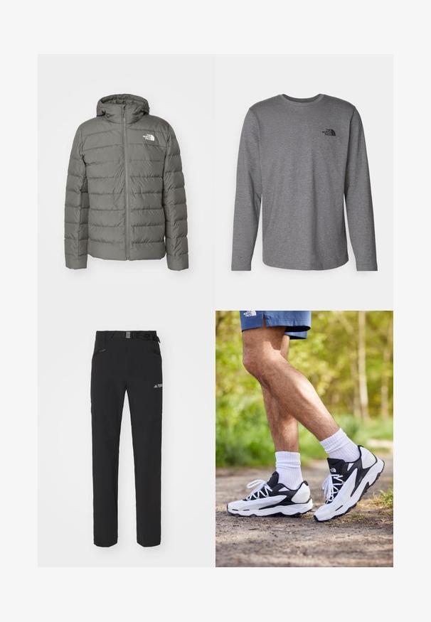 Šedá péřová bunda s kapucí, se zipovým zapínáním, horizontálním prošívaným vzorem a logem na levé oblasti hrudi.; The North Face M L/S SIMPLE DOME TEE - Top s dlouhým rukávem - medium grey heather; Černé venkovní kalhoty s hladkým materiálem, bočními zipovými kapsami, zesílenými částmi kolen a nastavitelným pasem se sponou.; Černobílé sportovní boty s síťovaným svrškem, texturovanými akcenty a bílými tkaničkami. Nosené s bílými kotníkovými ponožkami a námořnickými šortkami na stezce.