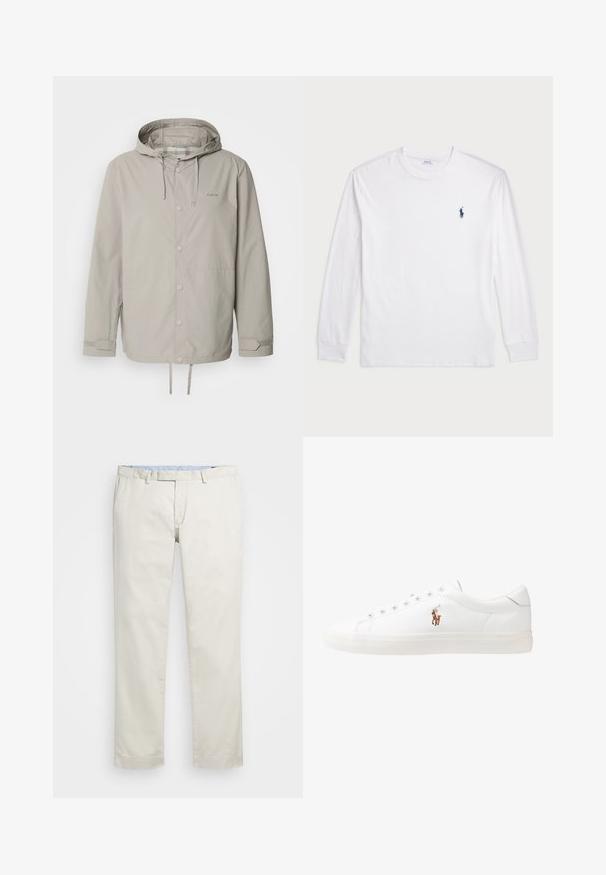 Casaco impermeável em bege claro com capuz ajustável, fecho de botão de pressão e punhos ajustáveis. Apresenta um logotipo subtil no peito.; Camisola de manga longa branca feita de algodão. Apresenta um decote redondo, punhos canelados e um pequeno logótipo de polo azul-marinho no lado esquerdo do peito.; Chinos de algodão bege com frente plana, passantes para cinto e bolsos laterais. Design de perna reta com uma textura suave e uma sensação leve e respirável.; Sapatilhas de couro brancas, design de cano baixo, com textura suave, biqueira redonda, atacadores à frente e um pequeno logótipo bordado na lateral.