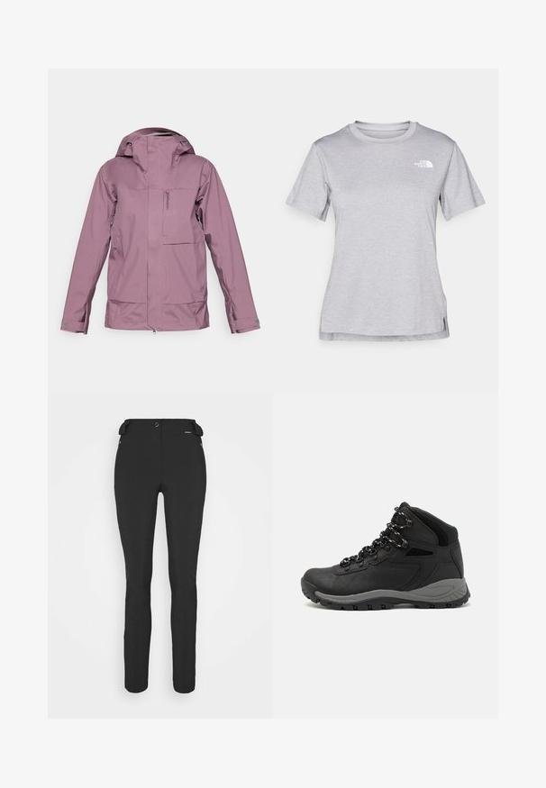 Giacca impermeabile viola con zip frontale, cappuccio regolabile e più tasche. Texture liscia, design aderente e maniche ergonomiche.; T-shirt grigio a maniche corte realizzato in morbido tessuto traspirante. Presenta un collo tondo e un piccolo logo bianco nella parte superiore sinistra.; Pantaloni neri aderenti realizzati in materiale flessibile. Presentano una tasca laterale con zip, ginocchia articolate e una texture liscia.; Stivale da trekking nero con design a metà altezza, dotato di una tomaia texturizzata, accenti grigi e suola in gomma resistente con tasselli per la trazione.