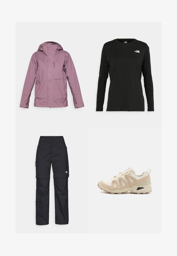 Lilla vandtæt jakke med lynlås foran, justerbar hætte og flere lommer. Glat tekstur, tætsiddende design og ergonomiske ærmer.; Sort langærmet t-shirt lavet af bomuld med rund hals. Har et lille hvidt logo på venstre brystområde. Enkel design og pasform.; Sorte nylon cargo bukser med lynlås, justerbare manchetter, flere lommer og et logo på højre ben. Glat, let tekstur.; Beige og creme atletiksko med struktureret mesh-overdel, støttende overlays og gummiyderside med et mønster for trækkraft.