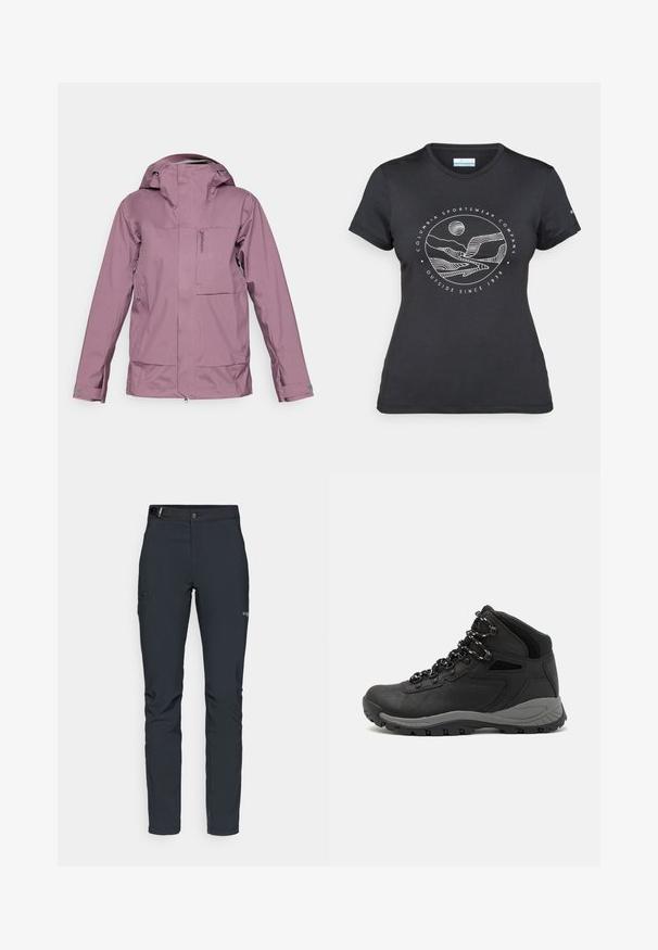 Lila wasserdichte Jacke mit durchgehendem Reißverschluss, verstellbarem Kapuzenrand und mehreren Taschen. Glatte Textur, taillierte Passform und ergonomische Ärmel.; Schwarzes Columbia-T-Shirt mit weißer kreisförmiger Berg- und Fluss-Linienkunst und dem Text "Columbia Sportswear Company - Draußen seit 1938."; Herren Outdoor-Hosen, dunkelgrau, aus flexiblem Material, mit einem Gürtel, Reißverschlusstaschen und verstärkten Nähten.; Schwarzer Wanderstiefel mit einem mittelhohen Design, ausgestattet mit einer strukturierten Oberfläche, grauen Akzenten und einer robusten Gummisohle mit Profilstollen.