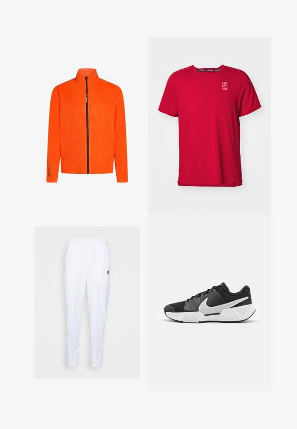 Chaqueta de felpa naranja con cuello alto y cremallera completa, con una cremallera negra y logotipos en las mangas, que presenta una textura suave.; Camiseta roja de manga corta hecha de tejido texturizado. Presenta un logo blanco en el lado izquierdo del pecho y un cuello negro en contraste.; Pantalones deportivos blancos con cintura elástica, que cuentan con bolsillos laterales y detalles de costura sutiles a lo largo de las piernas.; Zapatillas deportivas negras con parte superior texturizada, logo de swoosh blanco, talón acolchado y suela blanca contrastante con un patrón en zigzag.