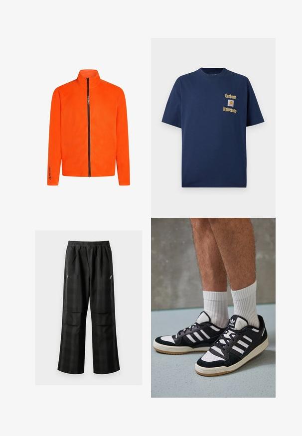 Oranži fliiskate, millel on kõrge krae ja täispikk tõmblukk, musta tõmblukuga ja sallide logodega, millel on sile tekstuur.; Tume sinine puuvillane T-särk lühikeste varrukatega, millel on kuldne kiri "Carhartt University" ja logo aplikaat vasakul rinnal.; Mustas ruudulised püksid, millel on elastne vöökoht, kaks esimest taskut ja laiem lõige sirge jala disainiga. Valmistatud kergest materjalist.; Mustvalged ja valged spordijalatsid, mille pealmine osa on valmistatud suede'ist ja nahast. Kingadel on kolm valget riba, auguline varvas ja kummist tald.
