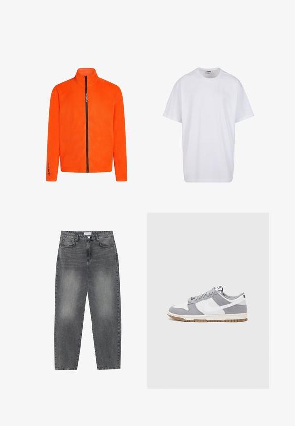Orangene Fleecejacke mit hohem Kragen und durchgehendem Reißverschluss, ausgestattet mit einem schwarzen Reißverschluss und Logo auf den Ärmeln, zeigt eine glatte Textur.; Weiße Baumwoll-T-Shirt mit kurzen Ärmeln, rundem Ausschnitt, lockerer Passform und ohne sichtbare Logos oder Muster. Glatte Textur und minimalistisches Design.; Hoch taillierte, locker sitzende Jeans aus verwaschenem schwarzem Denim. Verfügt über fünf Taschen, Gürtelschlaufen und ein sauberes, gerades Bein-Design.; Graue und weiße Sneaker mit einem Obermaterial aus Wildleder und Leder, abgerundeter Spitze, flachen Schnürsenkeln und einer Gummisohle mit einem Kautschukakzent.