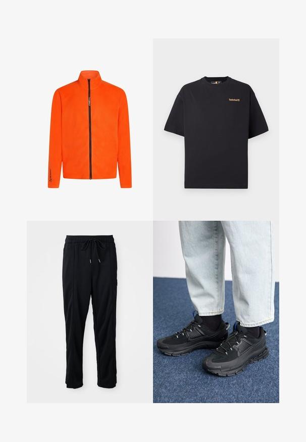 Orange fleece jacket with high collar and full zipper, featuring a black zipper and sleeve logos, showcasing a smooth texture.; Black short-sleeve crew neck Timberland T-shirt with small tan logo on the upper left chest, displayed on a white background.; Black drawstring waist casual pants with side seam pockets and straight leg cut on a plain background.; Black athletic shoes with textured fabric and rubber soles, featuring elastic laces and a blue accent on the heel. Worn with light denim pants.