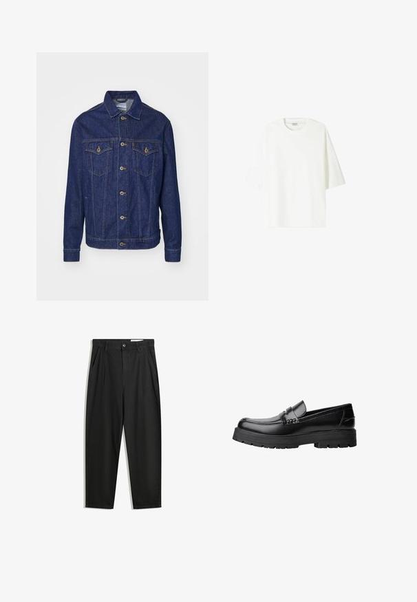 Džínová bunda v tmavomodrej farbe s gombíkovou uzávierkou, dvoma náprsnými vreckami a kontrastným prešívaním. Má klasický golier a dlhé rukávy.; Biele tričko s krátkym rukávom vyrobené z bavlny, s okrúhlym výstrihom a voľným strihom s rovnou spodnou lemovaním.; Čierne bavlnené nohavice s voľným strihom, s klasickým pásom, prednými záhybmi a bočnými vreckami. Hladká textúra bez vzorov.; Čierne kožené mokasíny s masívnou podrážkou a dekoratívnym pásom cez hornú časť, zobrazené z ľavého bočného profilu na bielom pozadí.