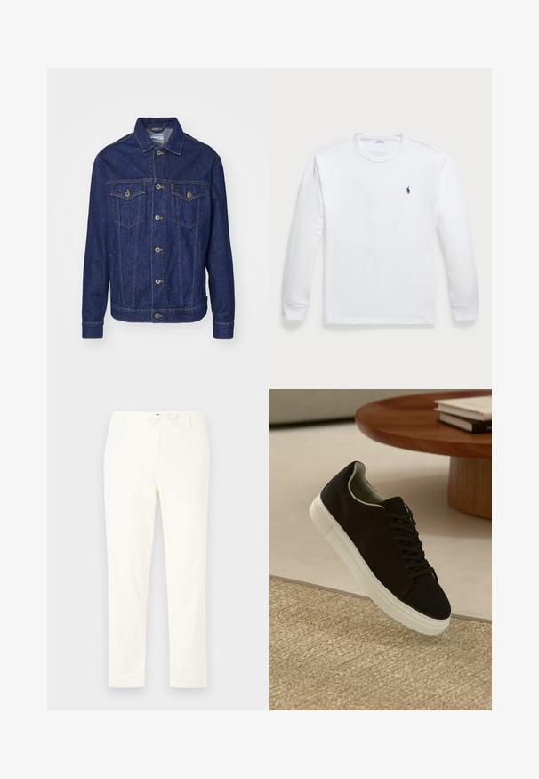 Tamsiai mėlynas džinsinis švarkas su užsegimu mygtukais, dviem krūtinės kišenėmis ir kontrastingomis siūlėmis. Yra klasikinis apykaklė ir ilgomis rankovėmis.; Ilgų rankovių baltas T-shirt, pagamintas iš medvilnės, turi apykaklę ir mažą tamsiai mėlyną logotipą kairėje krūtinės pusėje. Sklandus tekstūros, paprastas dizainas.; Balti, lengvi lininiai kelnių su raišteliu juosmenyje. Tiesaus kirpimo dizainas, minimalus tekstūros, be matomų raštų ar aparatūros detalių.; Juodas sportinis batelis su baltu padu, lekiančius virš smėlio spalvos tekstūruoto kilimo šalia apvalaus medinio stalo su sukrautomis knygomis.