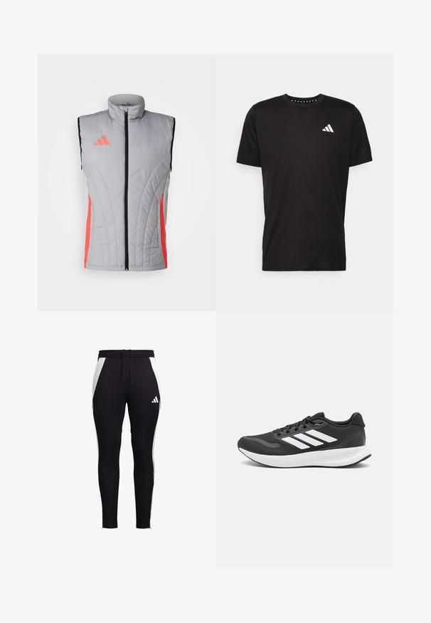 adidas Performance TIRO24 szary; Czarna bawełniana koszulka z krótkim rękawem, okrągłym dekoltem i białym logo na lewej piersi. Gładka tekstura i prosty design.; Czarne sportowe spodnie z białymi panelami bocznymi, dopasowane, z elastycznym pasem na sznurku oraz małym białym logo na dolnej lewej nodze.; Czarne buty sportowe z oddychającą siateczką, białymi akcentami i wyściełaną podeszwą. Posiadają logo w postaci trzech pasków po boku.