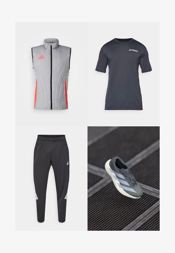 adidas Performance TIRO24 COMPETITION WINTERIZED - Veste sans manches - light onix/shock red; T-shirt à manches courtes gris foncé, fabriqué à partir d'un matériau léger et respirant. Dispose d'un col rond et d'un logo "TERREX" blanc sur le devant.; Pantalon de sport noir à jambes fuselées, taille élastique, poches latérales, avec un logo blanc et des détails à rayures. Confectionné dans un matériau lisse et léger.; Baskets grises et blanches, en matériau synthétique, avec un design épuré, une finition texturée et un système de laçage bien visible.