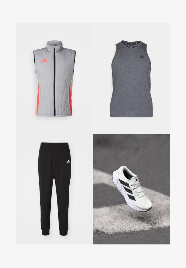 adidas Performance TIRO24 COMPETITION WINTERIZED - Smanicato - light onix/shock red; Canotta atletica grigia realizzata in un materiale leggero, con scollatura rotonda e logo nero del marchio sul lato sinistro del petto.; Pantaloni sportivi neri con elastico in vita, caviglie elasticizzate e logo Adidas bianco sulla coscia sinistra. Realizzati in tessuto leggero e liscio.; Scarpa sportiva bianca con tomaia in rete testurizzata, strisce nere, chiusura con lacci e suola ammortizzata, che levita sopra una superficie stradale segnata.