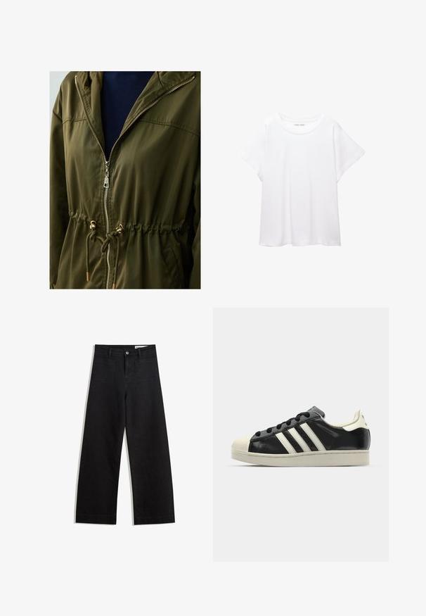 Olivgrüne Windjacke mit Reißverschluss, Kordelzug in der Taille und goldfarbenen Details aus einem glatten, leichten Stoff.; Weißes T-Shirt aus weichem, leichtem Stoff. Mit runder Halslinie und kurzen, weit geschnittenen Ärmeln für einen lässigen Sitz. Keine sichtbaren Muster.; Schwarze weit geschnittene Jeans mit hoher Taille, ausgestattet mit Vorder- und Hintertaschen, gesteppten Nähten und einem Knopfverschluss. Glatte Textur.; Schwarze Ledersneaker mit weißen Streifen, Gummikappe, schwarzen Schnürsenkeln und einer cremefarbenen Sohle. Glatte Textur mit glänzender Oberfläche.