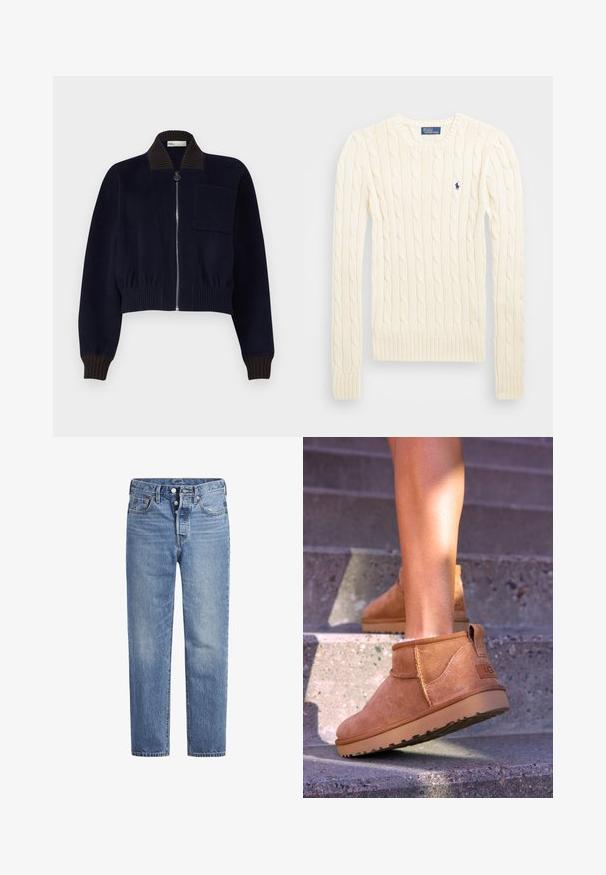 Tumesinine lühendatud jakk ribakraega ja -mansettidega, millel on ees lukuga ja väike rinna tasku; valmistatud pehmest kangast.; Kreemivärvi nöörkootud sviiter pikemate varrukatega, soonikvarrukate ja alläärega, millel on vasakul rinnal väike broderi logo.; Heled sinised teksad sirge lõikega, viie tasku disainiga ja nööpidega kinni. Omavad kerget pleekimist ja oranže õmblusi.; Kergedest nahast pahklu ботинки pehme tekstuuriga, õmmeldud detailide ja kummist tallaga, millel on sanga kand kergesti selga panemiseks.