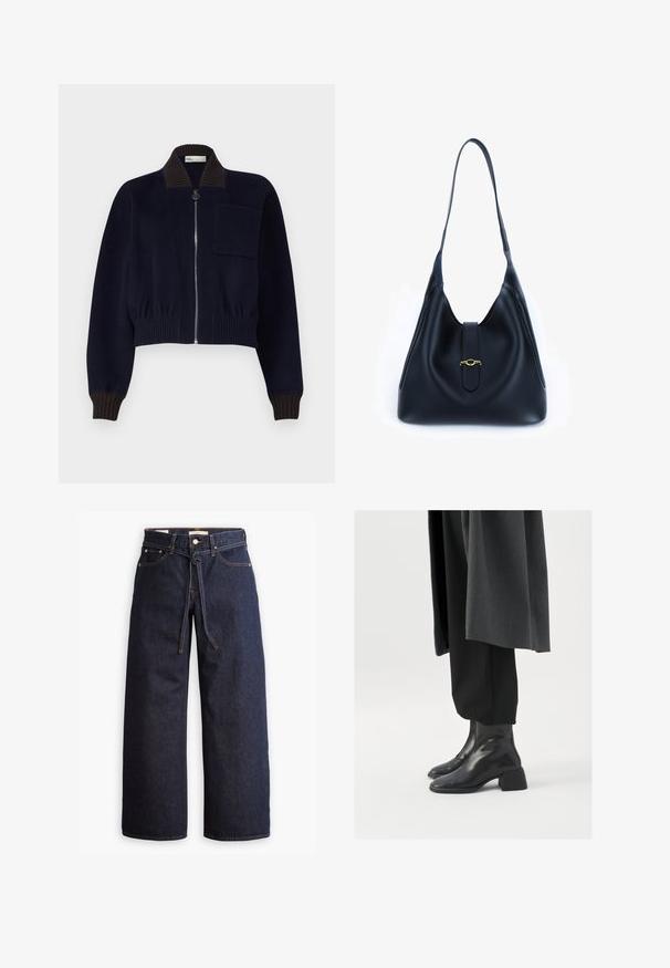 Tumesinine lühendatud jakk ribakraega ja -mansettidega, millel on ees lukuga ja väike rinna tasku; valmistatud pehmest kangast.; Tume sinine kõrge kaelusega pikkade varrukatega topp. Valmistatud pehmest kangast, millel on sile tekstuur. Omab kokkuhoidlikku disaini ja kõrget kraed ilma nähtavate õmblusteta.; Laiad joped tumeda sinise denimi ja kõrge taljega, millel on paela kinni tõmbamise võimalus, viis taskut ja kontrastsete õmblustega detailid.; Mustad nahast pahkluu saapad, millel on ruudukujuline varvas ja paks konts, kantud lohakate mustade pükste ja tumeda halli mantliga. Sile pinnatekstuur.; Must mustrist must alune, leeval ja pehme disainiga. Omab lamedat rihma ja keskel asuvat sulgemist, millel on kuldne aksent.