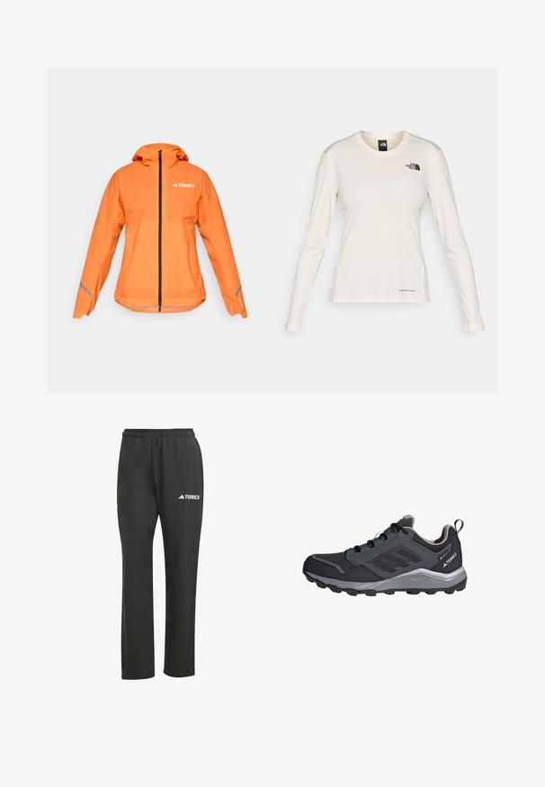 Terrex waterproof jacket, bright orange, lightweight fabric, full zip, hood, reflective accents on sleeves, smooth texture.; The North Face SHADOW LONG SLEEVE - Long sleeved top - white dune; Black lightweight pants with an elastic waistband. Features a subtle “TERREX” logo in white. Smooth fabric and straight-leg design.; Black athletic shoes with grey accents, synthetic mesh upper, cushioned sole, lacing system, and textured outsole for traction.