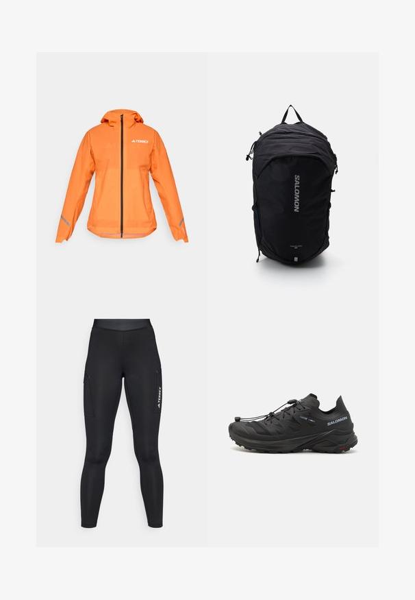 Jachetă impermeabilă Terrex, portocalie aprinsă, material ușor, fermoar complet, glugă, accente reflective pe mâneci, textură netedă.; Top sportiv alb cu mânecă lungă, cu guler înalt și un mic logo centrat pe piept, expus pe un fundal simplu.; Leggings sportivi negri cu un design ajustat, fabricate dintr-un material elastic. Prezintă buzunare laterale și un logo alb "TERREX".; Pantofi de alergare pe teren accidentat, negri, cu un superior texturat, panouri din plasă și un sistem de fixare sigur. Au o talpă robustă pentru aderență.; Rucsac negru cu un design aerodinamic, țesătură texturată, bretele ajustabile și un logo argintiu proeminent "SALOMON" pe față.