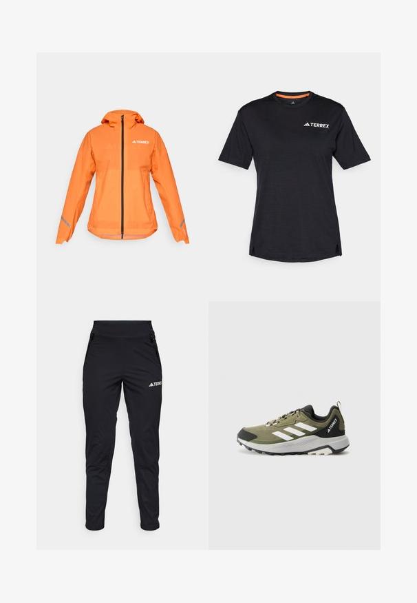Wodoodporna kurtka Terrex, jasnopomarańczowa, lekki materiał, pełny zamek, kaptur, odblaskowe akcenty na rękawach, gładka tekstura.; Czarna koszulka krótki rękaw z okrągłym dekoltem, z subtelną teksturą melanżową i białym logo "TERREX" po lewej stronie na górze.; Czarne sportowe spodnie wykonane z gładkiego materiału, z dopasowanym krojem, zamykanymi na zamek kieszeniami oraz teksturowaną dolną częścią nogawki. Logo nadrukowane z przodu.; Męskie buty do biegania po szlakach, oliwkowe z białymi paskami, czarnymi akcentami, amortyzowaną podeszwą, teksturowanym materiałem i wzmocnionym czubkiem.