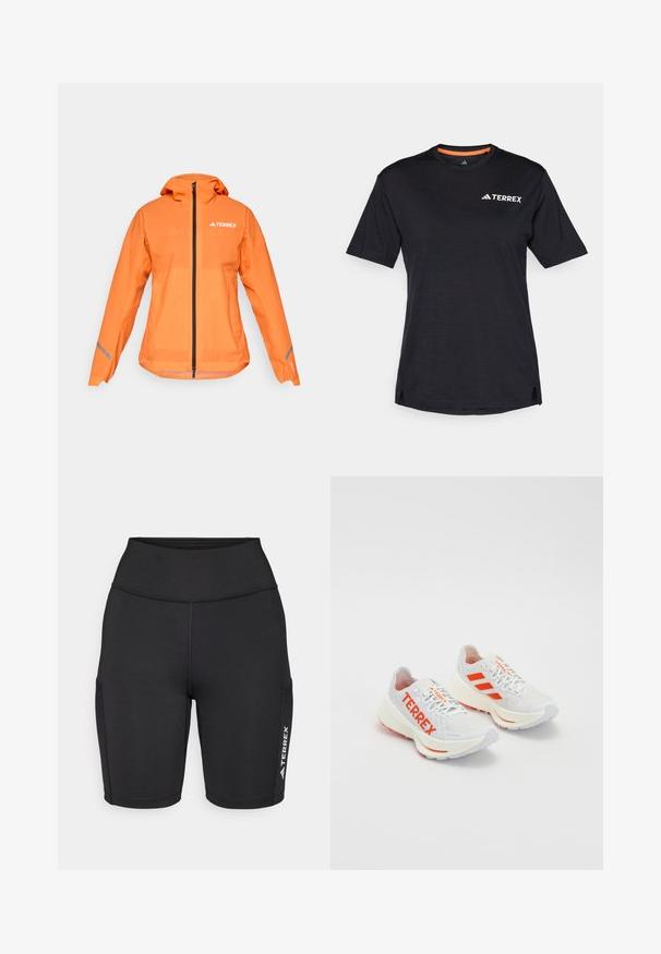 Terrexi veekindel jope, ere oranž, kerge kangas, täispikk tõmblukk, kapuuts, reflektiivsed detailid varrukatel, sile tekstuur.; Must t-särk lühikeste varrukatega, ümmarguse kaelusega, millel on peen heather struktuur ja valge "TERREX" logo vasakul ülanurgas.; Mustad mustad sportlikud lühikesed püksid venivast kangast, millel on kõrge vöökoht, küljetaskud ja valge logoaktsent ühel jalal.; Valged jooksujalatsid oranžide aktsentidega. Võrgumaterjal, ümar varvas ja paks vahevaip. "TERREX" on trükitud külg poole ja kolm triipu kannal.