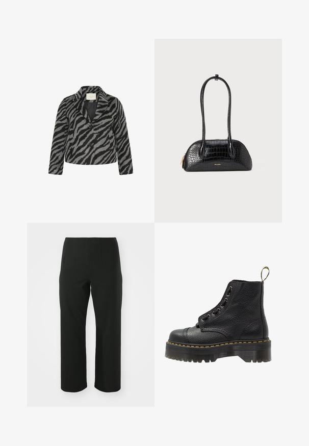 Kaffe Curve TORI - Lühike jakk - black grey animal; Must mustriga, millel on pikad pitsist varrukad, mis sisaldab ühtlast musta keha ja lillepitsist detailide. Ümmargune kaelus sujuva tekstuuriga.; Vero Moda Curve VMCAUGUSTA PANT - Püksid - black; Mustad musta nahast ankle botased tekstureeritud pinnaga, ümar nina, paeltega disain, kollased õmblused ja paks, soonikuline must platvormsool.; Must musta krokodillimustriga käekott, millel on sile tekstuur, ümar kuju ja kaks kõhnat käepidet. Kuldne logoaktsent aluse lähedal.; Hõbedased rõngas kõrvarõngad, ümmargune kuju, sile metallpind, nähtavat dekoratsiooni pole, kerge disain, ühtlane paksus.