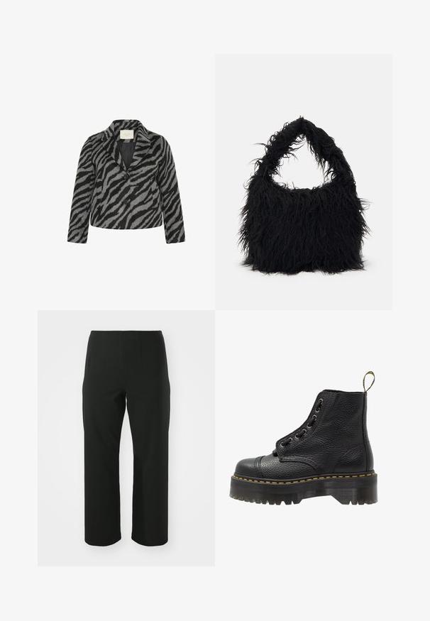 Kaffe Curve TORI - Puspaltis - black grey animal; Juodas marškinėlis su ilgomis nėrinių rankovėmis, turintis vientisą juodą korpusą ir gėlių nėriniavimo detalių. Apvalus iškirpimas su lygia tekstūra.; Vero Moda Curve VMCAUGUSTA PANT - Kelnės - black; Juodas odinis aulinukas iki kulkšnies su tekstūruotu paviršiumi, apvaliu pirštu, raištelių uždarymo dizainu, geltonomis siūlėmis ir storu, briaunotu juodu platformos padu.; Even&Odd Pirkinių krepšys - black; Sidabrinės auskarų įrankės, apvalios formos, glotni metalinė danga, be matomų puošmenų, lengvas dizainas, vienodas storis.