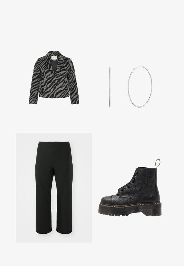 Kaffe Curve TORI - Īss mētelis - black grey animal; Melna blūze ar garām mežģīņu piedurknēm, kurai ir ciets melns korpuss un ziedu mežģīņu apdare. Apaļš kakla izgriezums ar gludu tekstūru.; Vero Moda Curve VMCAUGUSTA PANT - Auduma bikses - black; Melnas ādas potītes zābakus ar teksturētu virsmu, apaļu purngala formu, lace-up dizainu, dzelteniem našiem un biezu, rievotu melnu platformas zoli.; Sudraba krāsas metāla riņķveida auskari, ovāla formas, plāna dizaina, viegli, ar gludu tekstūru un drošu aizdari ērtai valkāšanai.