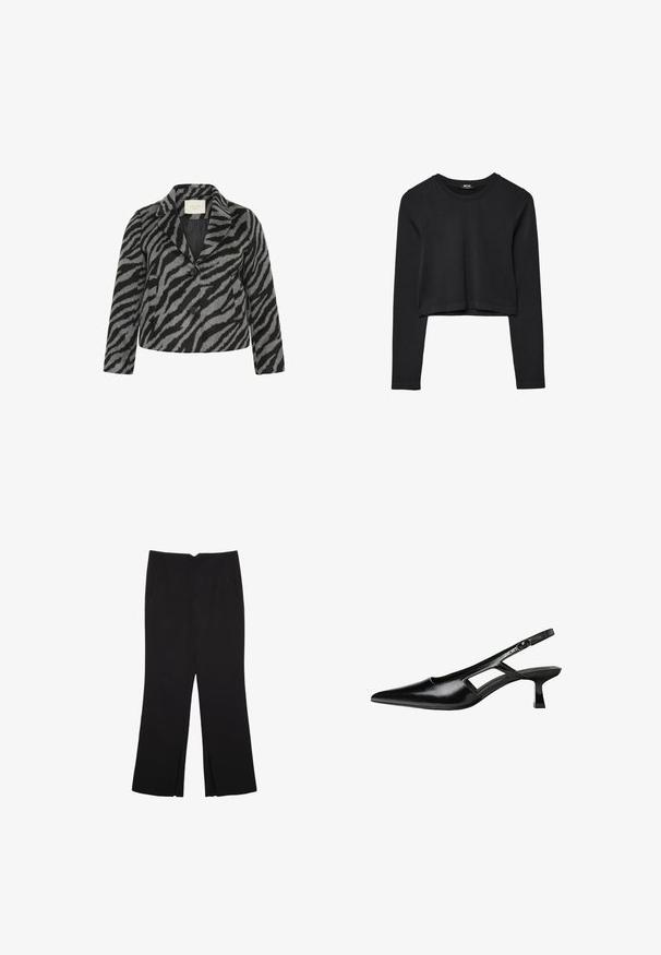 Kaffe Curve TORI - Pitkä takki - black grey animal; Mustat pitkät hihat lyhyt toppi, jossa on pyöreä kaula-aukko, yksinkertainen muotoilu ja hieman kaareva helma.; Mustat housut suoralinjaisella leikkauksella, joissa on etutaskut ja sivurei'ät helman alla. Valmistettu pehmeästä ja sileästä kankaasta. Sopii eri tilaisuuksiin.; Mustat lakatut nahkakengät, joissa on viistopää, leikattu sivusuunnassa ja pieni neliökoroke. Sujuva pinta, jossa on minimaalinen koristelu.