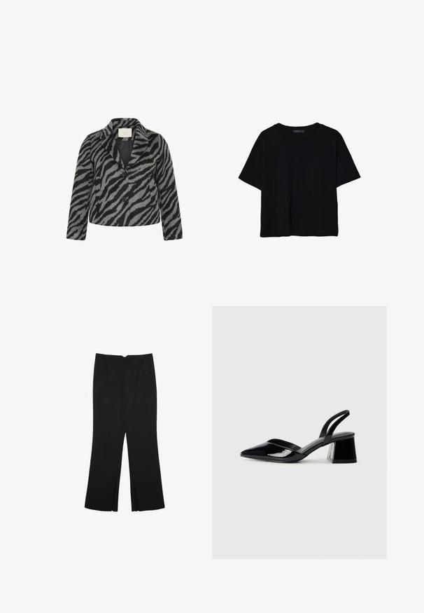Kaffe Curve TORI - Krátky kabát - black grey animal; Čierne tričko s krátkym rukávom vyrobené z bavlny. Má okrúhly výstrih a voľný strih s hladkou, jednofarebnou textúrou. Žiadne viditeľné vzory ani akcenty.; Čierne nohavice so strihom rovného strihu, s prednými vreckami a bočnými rozparkami na leme. Vyrobené z mäkkej, hladkej tkaniny. Vhodné na rôzne príležitosti.; Čierne lakované kožené sandálové podpätky s špicatou špičkou a geometrickým blokovým podpätkom. Disponujú elegantným, minimalistickým dizajnom a hladkým povrchom.