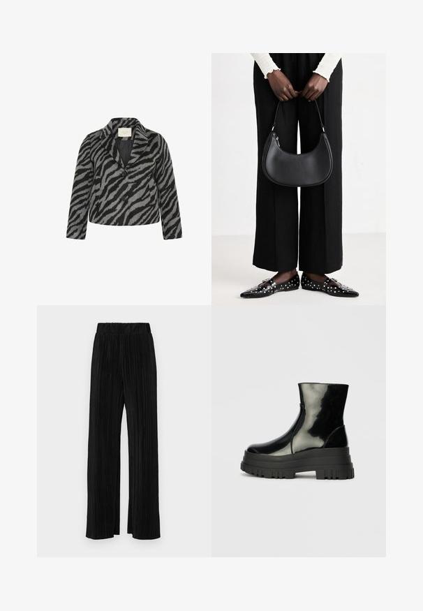 Kaffe Curve TORI - Kratki kaputi - black grey animal; Crna majica dugih rukava izrađena od glatkog materijala, s okruglim izrezom i prilagođenim oblikom, bez vidljivih uzoraka ili ukrasa.; Crne plisirane hlače s elastičnim pojasom. Imaju široke nogavice i glatku, teksturiranu tkaninu s vertikalnim prugama.; Crna sjajna čizma do ankleta s debelim zupčastim potplatom i zaobljenim vrhom, bočni pogled na jednostavnoj svijetlosivoj pozadini.; Crna kožna torba preko ramena zaobljenog oblika, s sjajnom završnom obradom i srebrnim hardverom. Osoba nosi crne hlače širokog kroja i loaferice sa studovima.