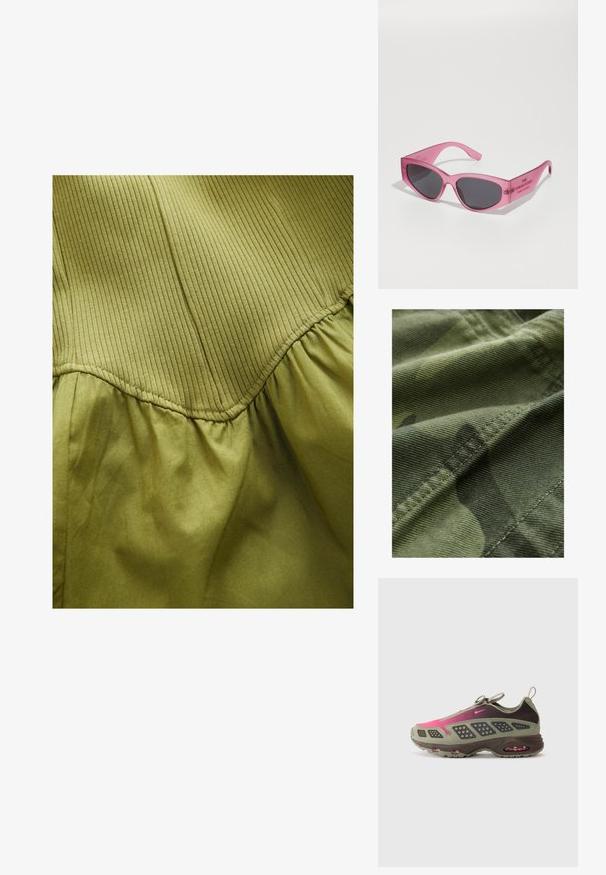 Zaļš kamuflāžas audums ar teksturētu virsmu, kas piedāvā smalkas raksta variācijas un redzamus šuves gar malām.; Olīvu zaļš audums ar vertikālu ribotu tekstūru augšējā daļā un mīkstu saplacinātu tekstūru apakšā, ar izliekta šuvju detaļām.; Sporta apavi, kas veidoti no olīvzaļas un tumši brūnas krāsas materiāliem ar rozā akcentiem. Rakstaina virsa un redzama gaisa amortizācija zole.; Rozā caurspīdīgas saulesbrilles ar stūrainu kaķa acs formu, tumši tonētiem objektīviem un iegravētu tekstu uz tempļa "SAULESBRILLES".; Next MINI HELD - Rokassoma - pink