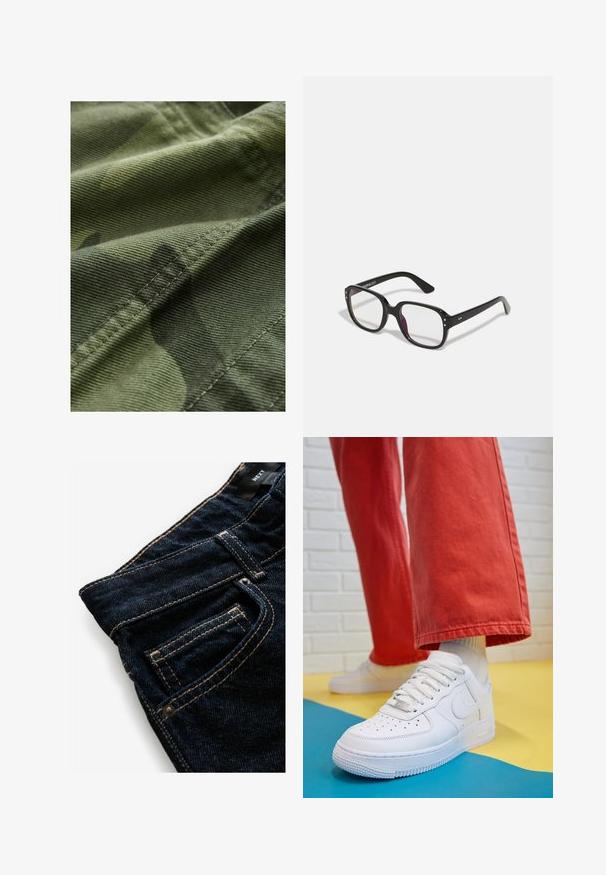 Tela de camuflaje verde con un acabado texturizado, que presenta variaciones sutiles en el patrón y costuras visibles a lo largo de los bordes.; Camisa blanca de manga larga con botones, color blanco, con cuello y bolsillo en el pecho, presentada sobre un fondo gris claro liso.; Jeans de mezclilla azul oscuro con costuras naranjas en contraste, que cuentan con un bolsillo frontal, detalle de remache y una textura suave.; Zapatilla de cuero blanco con caja de dedos perforada, suela texturizada y cordones blancos, combinada con pantalones rojos amplios y un fondo azul y amarillo.; Gafas rectangulares negras con lentes transparentes, con bordes redondeados y acentos laterales, con un acabado brillante en el marco y las patillas.