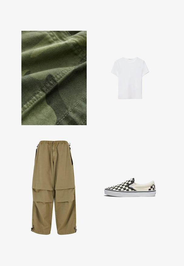 Vihreä naamiointikangas, jossa on teksturoitu pinta, hienovaraisia kuviointimuutoksia ja näkyvät ompeleet reunojen ympärillä.; Valkoinen lyhythihainen t-paita, joka on valmistettu pehmeästä kankaasta. Sillä on pyöreä pääntie ja yksinkertainen, siisti muotoilu suoralla helman lopulla.; Vaalankeltaiset cargo-housut, joissa on joustava vyötärö, suuret etutaskut ja säädettävät lahkeet. Valmistettu kevyestä kankaasta, jonka pinta on sileä.; Vans CLASSIC - Loaferit/pistokkaat - black