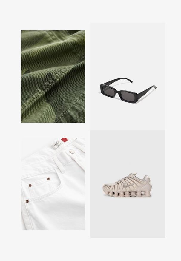 Tissu camouflage vert avec une finition texturée, présentant de subtiles variations de motif et des coutures visibles le long des bords.; Débardeur en coton blanc avec de larges bretelles, un col rond et une texture lisse et côtelée. Aucun motif ni accent présent.; Shorts en denim blanc avec une taille mi-haute, style à cinq poches et accents en métal cuivré. Tissu texturé avec des détails cousus.; Chaussure de sport beige clair avec une tige en mesh, un design structuré et une semelle amortissante distinctive comportant des sections cylindriques.; Lunettes de soleil noires rectangulaires avec des verres foncés, finition brillante, larges branches et un design de monture épaisse. Nom de marque gravé sur une branche.