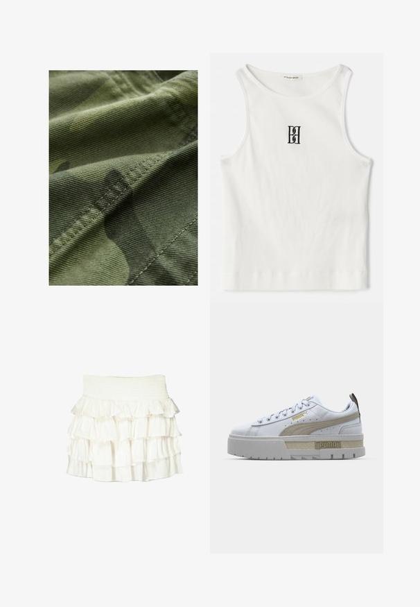 Zeleno vojaško blago s teksturirano površino, ki vključuje subtilne različice vzorca in vidne šive ob robovih.; Bela rebrasta majica bez rukava s crnim izvezenim logotipom u središtu grudnog dela. Ovratnik i otvor za ruke su završeni suptilnim obradom.; Bela nabrančana krila z gumiranim pasom. Ima plasti, prosojne tkanine, ki ustvarjajo teksturiran in tekoč videz.; Beli tenisky s izrazito bež črto, debele sivo podplat in zlate detajle. Imajo okrogle vezalke in teksturirano jezičko s blagovno znamko.