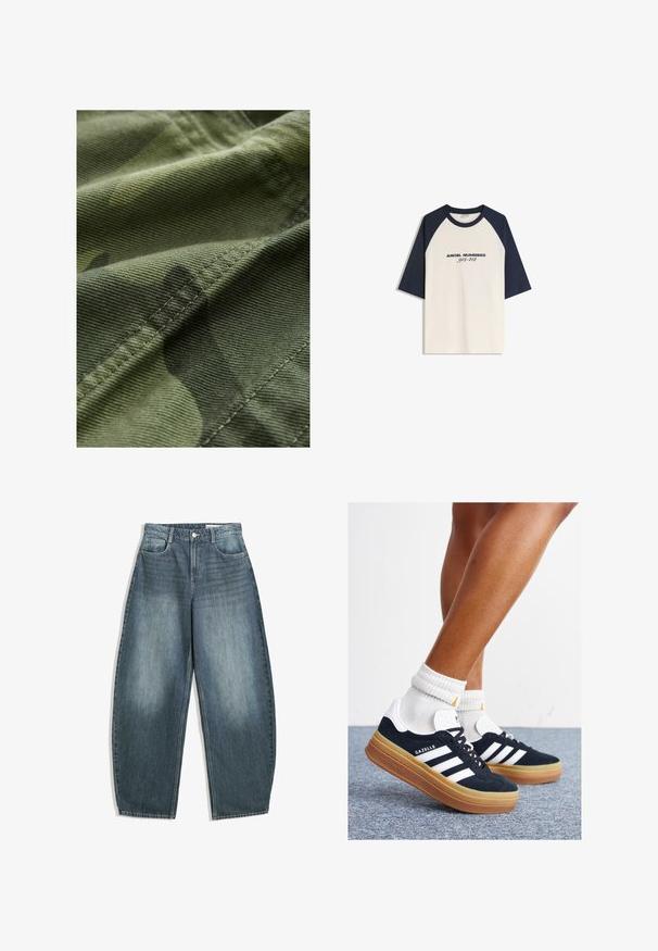 Grüner Camouflage-Stoff mit strukturierter Oberfläche, der subtile Musterabweichungen und sichtbare Nähte entlang der Kanten aufweist.; Raglan-T-Shirt in Creme mit dunkelblauen Ärmeln, auf der Vorderseite mit "ENGELNUMMERN 912-412" in Schwarz bedruckt. Mischgewebe aus Baumwolle.; Helleblaue Denim-Jeans im weiten Schnitt haben eine hohe Taille, fünf Taschen, dezente Ausbleichungen und Ziernähte entlang der Nähte.; Schwarze Wildledersneaker mit weißen Streifen und Akzenten, rundlicher Zehenbereich, Sohlen aus braunem Gummi, kombiniert mit weißen, gerippten Sneakersocken.