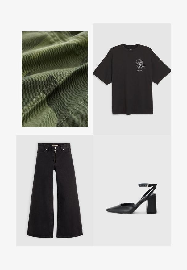 Tessuto mimetico verde con una finitura testurizzata, caratterizzato da sottili variazioni di pattern e cuciture visibili lungo i bordi.; T-shirt in cotone nero con maniche corte, che presenta una grafica a mano e la scritta "Levi's LA LUNE" in bianco nella zona sinistra del petto.; Jeans a gamba larga in denim nero con chiusura a zip, design a cinque tasche e dettagli di cucitura sottili. Texture morbida e stile casual.; Pump in pelle nera con punta affusolata, cinturino alla caviglia e tacco spesso. Texture piatta, design elegante ed estetica minimalista.